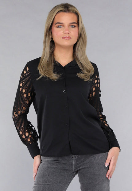 NEW190225 Blouse met Crochet Mouwen in Zwart