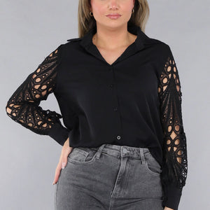 NEW190225 Blouse met Crochet Mouwen in Zwart