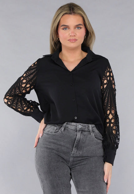 NEW190225 Blouse met Crochet Mouwen in Zwart