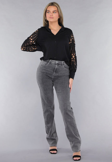 NEW190225 Blouse met Crochet Mouwen in Zwart