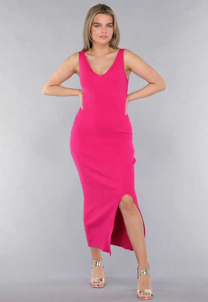 NEW190225 Fuchsia Jurk in Midi Model met Split en V Hals