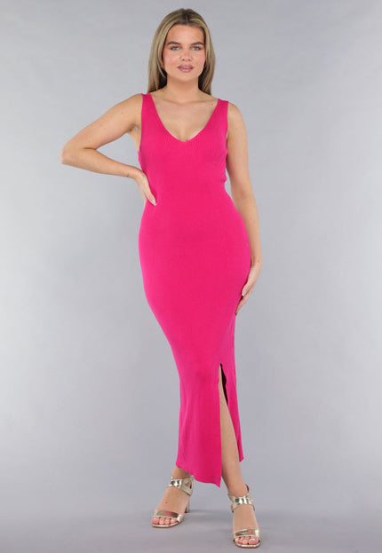 NEW190225 Fuchsia Jurk in Midi Model met Split en V Hals