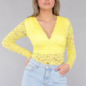 NEW190225 Gele Kanten Bodysuit met Padding