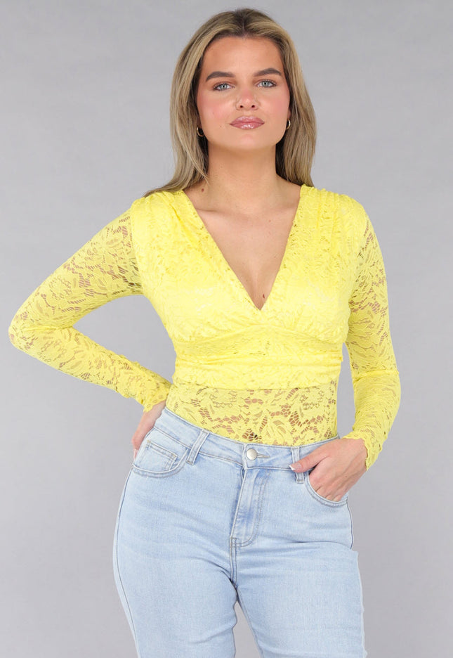 NEW190225 Gele Kanten Bodysuit met Padding