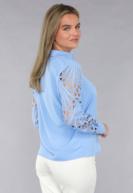 NEW190225 Lichtblauwe Blouse met See-Through Crochet Mouwen