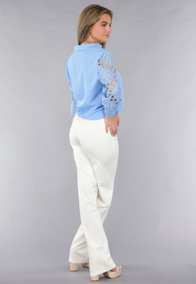 NEW190225 Lichtblauwe Blouse met See-Through Crochet Mouwen