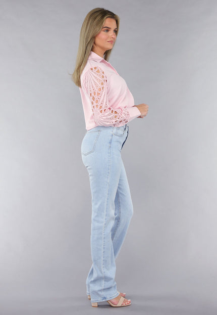 Lichtroze Blouse met Gehaakte Pauwveer Patroon Mouwen