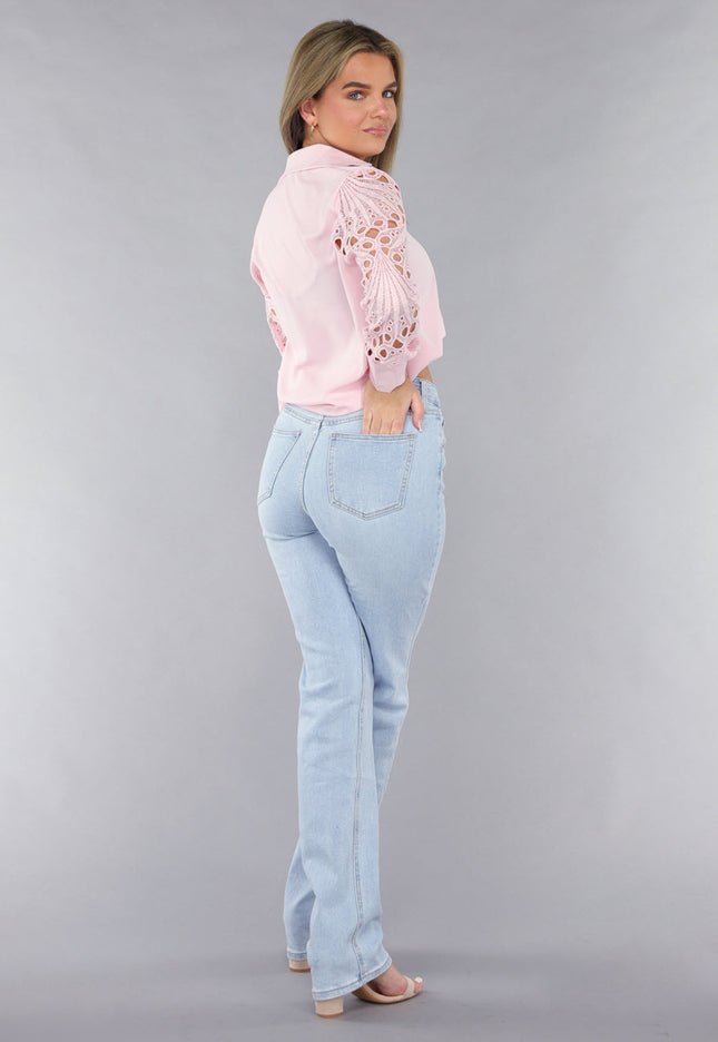 Lichtroze Blouse met Gehaakte Pauwveer Patroon Mouwen