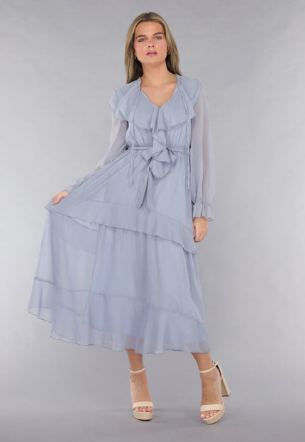NEW190225 Maxi Jurk in Blauw met Ruffles