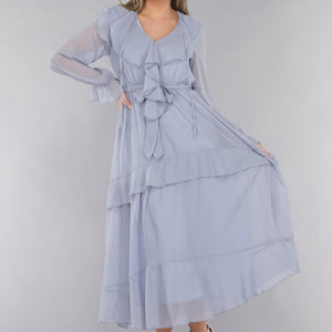 NEW190225 Maxi Jurk in Blauw met Ruffles