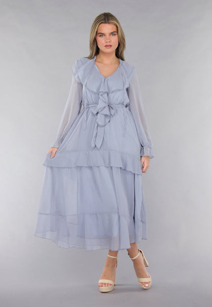 NEW190225 Maxi Jurk in Blauw met Ruffles