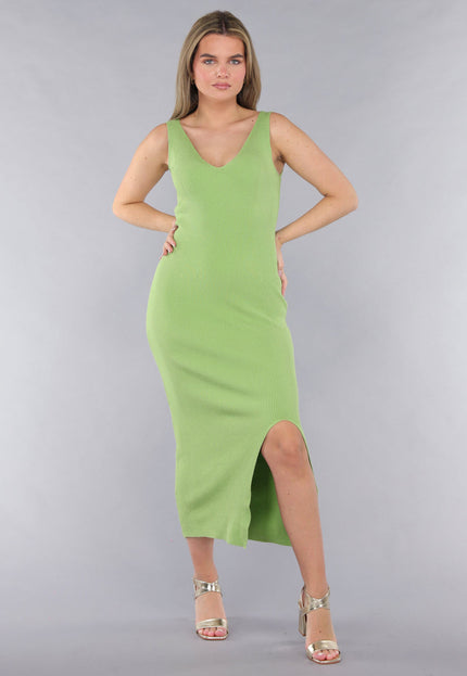 NEW190225 Ribstof Groene Jurk met Brede Schouderbandjes en V Hals