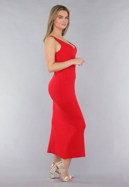 NEW190225 Rode Rib Gebreide Jurk met V Hals
