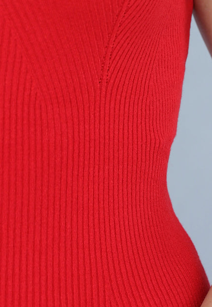 NEW190225 Rode Rib Gebreide Jurk met V Hals