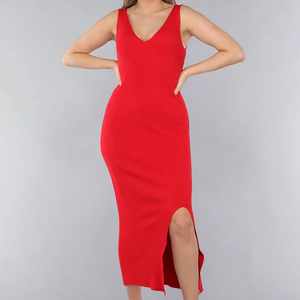 NEW190225 Rode Rib Gebreide Jurk met V Hals