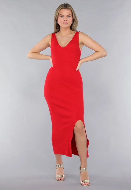 NEW190225 Rode Rib Gebreide Jurk met V Hals