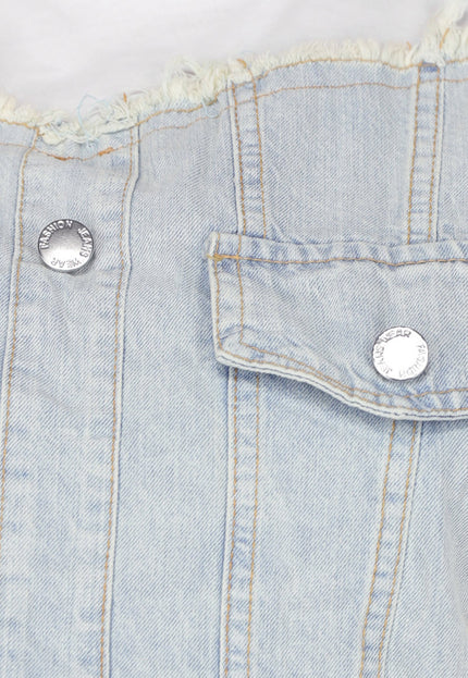 NEW190225 Wit Oversized T Shirt met Denim Detail en Zilveren Ketting