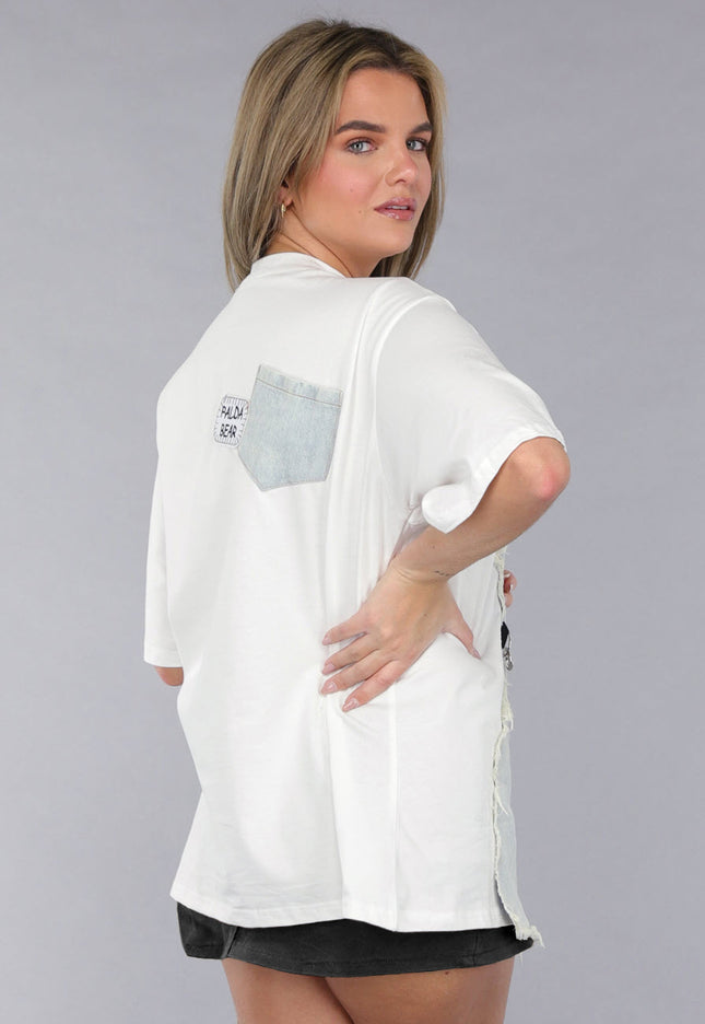 NEW190225 Wit Oversized T Shirt met Denim Detail en Zilveren Ketting