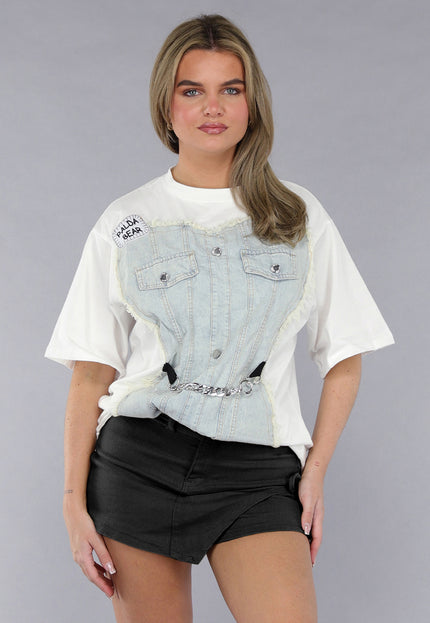 NEW190225 Wit Oversized T Shirt met Denim Detail en Zilveren Ketting