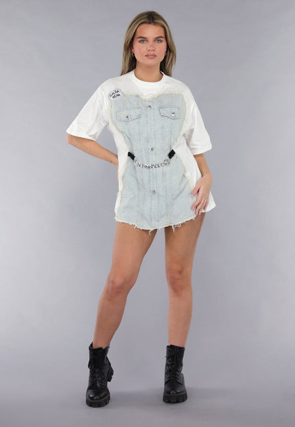 NEW190225 Wit Oversized T Shirt met Denim Detail en Zilveren Ketting