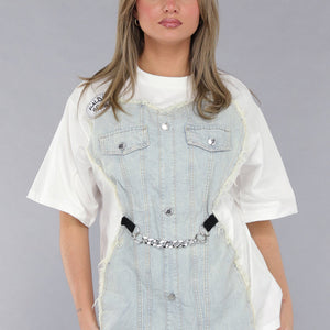 NEW190225 Wit Oversized T Shirt met Denim Detail en Zilveren Ketting
