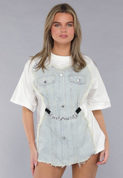 NEW190225 Wit Oversized T Shirt met Denim Detail en Zilveren Ketting