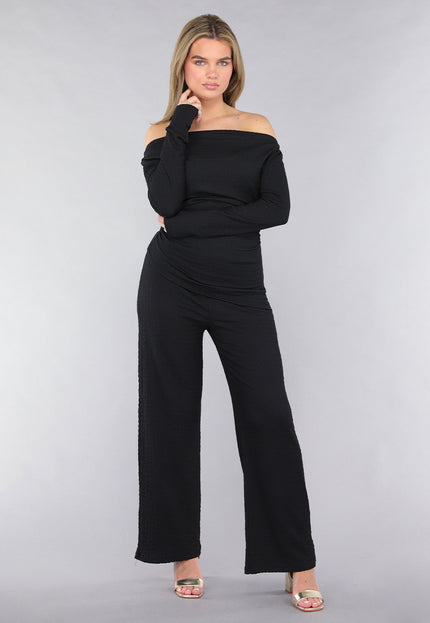 NEW190225 Zwarte Co Ord Set in Gesmokte Stof