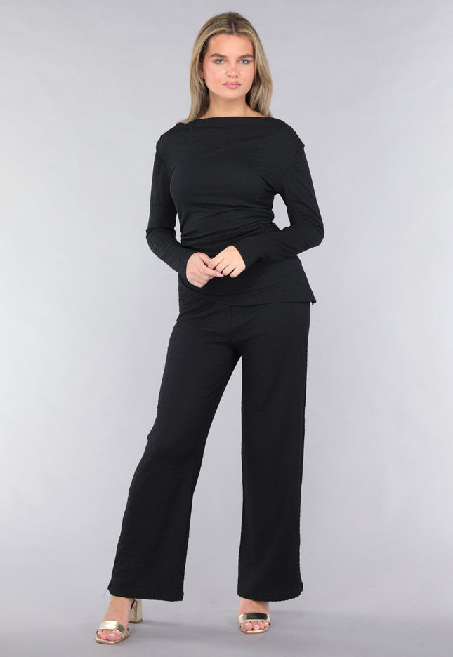 NEW190225 Zwarte Co Ord Set in Gesmokte Stof