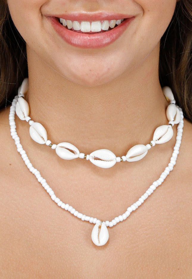 NEW190325 2-Delige Ketting Set met Witte Kauri Schelpjes en Rocailles Kraaltjes