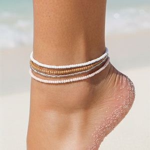 NEW190325 4-Delig Enkelbandjes Set met Roze Kraaltjes