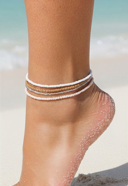 NEW190325 4-Delig Enkelbandjes Set met Roze Kraaltjes