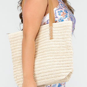 NEW190325 Beige Raffia Tote Tas met Bruine Lederlook Banden