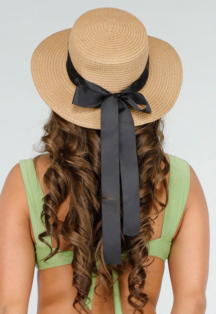 NEW190325 Bruine Raffia Strandhoed met Zwarte Strik