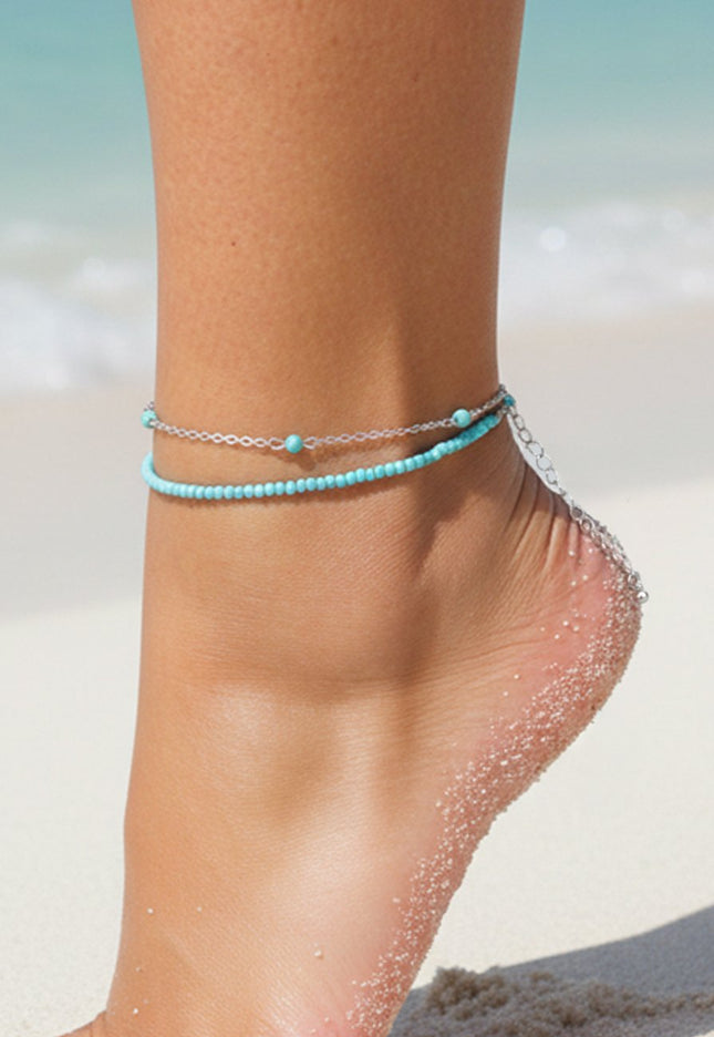 NEW190325 Dubbel Zilveren Enkelbandje met Blauwe Kralen