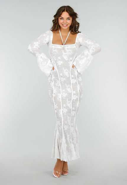 NEW190325 Kanten Fishtail Jurk met Uitlopende Mouwen