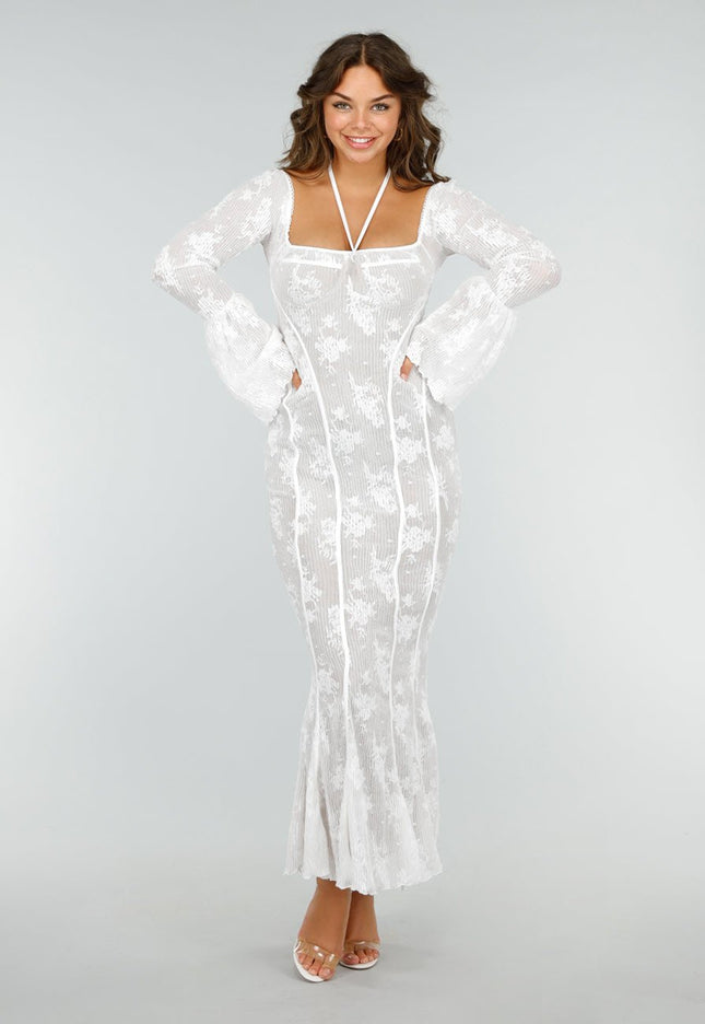 NEW190325 Kanten Fishtail Jurk met Uitlopende Mouwen