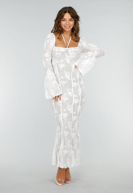 NEW190325 Kanten Fishtail Jurk met Uitlopende Mouwen