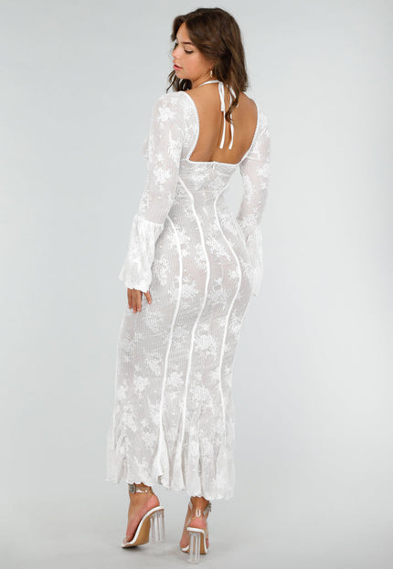 NEW190325 Kanten Fishtail Jurk met Uitlopende Mouwen