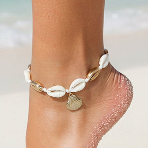 NEW190325 Kauri Schelp Enkelbandje met Striksluiting en Goud Bedeltje