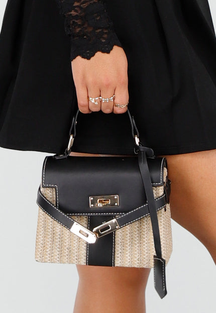 NEW190325 Kleine Raffia Handtas met Zwarte Lederlook Afwerking