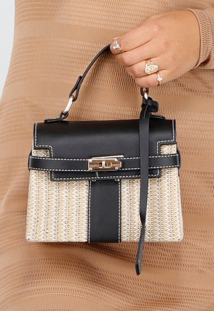 NEW190325 Kleine Raffia Handtas met Zwarte Lederlook Afwerking