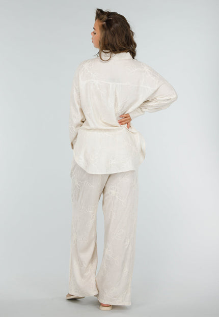 OP=OP.08.S Linnen Beige Tweedelig Setje met Geborduurde Blouse en Broek