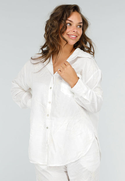 OP=OP.08.S Linnen Wit Tweedelig Setje met Geborduurde Blouse en Broek