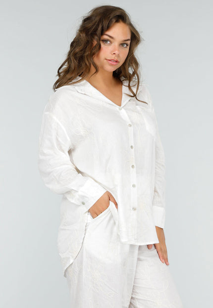 OP=OP.08.S Linnen Wit Tweedelig Setje met Geborduurde Blouse en Broek