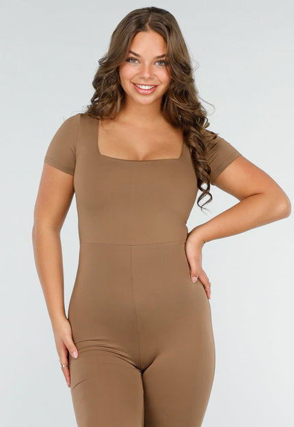 NEW190325 Tall Aansluitende Bruine Jumpsuit met Vierkante Hals