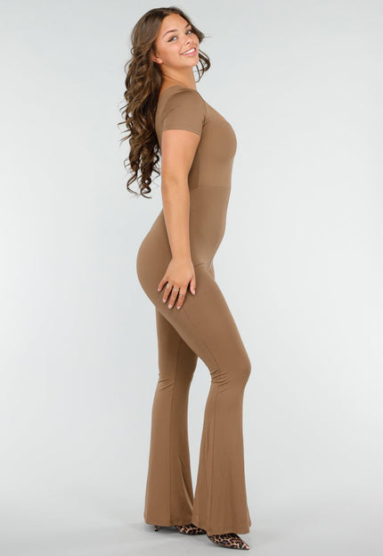 NEW190325 Tall Aansluitende Bruine Jumpsuit met Vierkante Hals