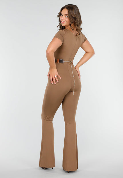 NEW190325 Tall Aansluitende Bruine Jumpsuit met Vierkante Hals