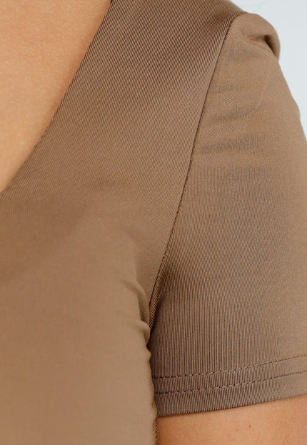 NEW190325 Tall Aansluitende Bruine Jumpsuit met Vierkante Hals