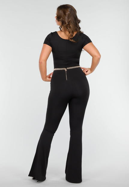 NEW190325 Tall Aansluitende Zwarte Jumpsuit met  Uitlopende Pijpen