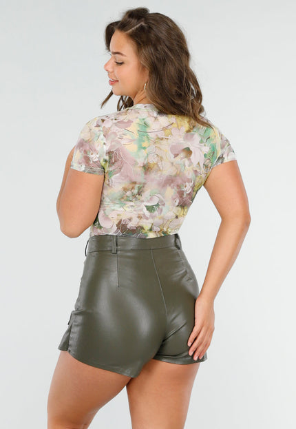 NEW190325 Transparante Bloemenprint Bodysuit met Korte Mouwen